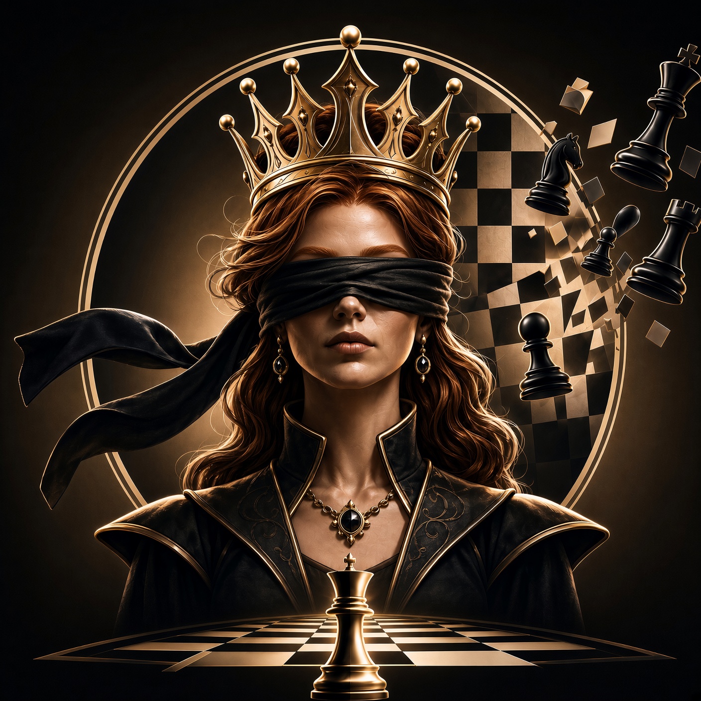 Emily, the crowned redheaded blindfold queen, with a chessboard and floating chess pieces