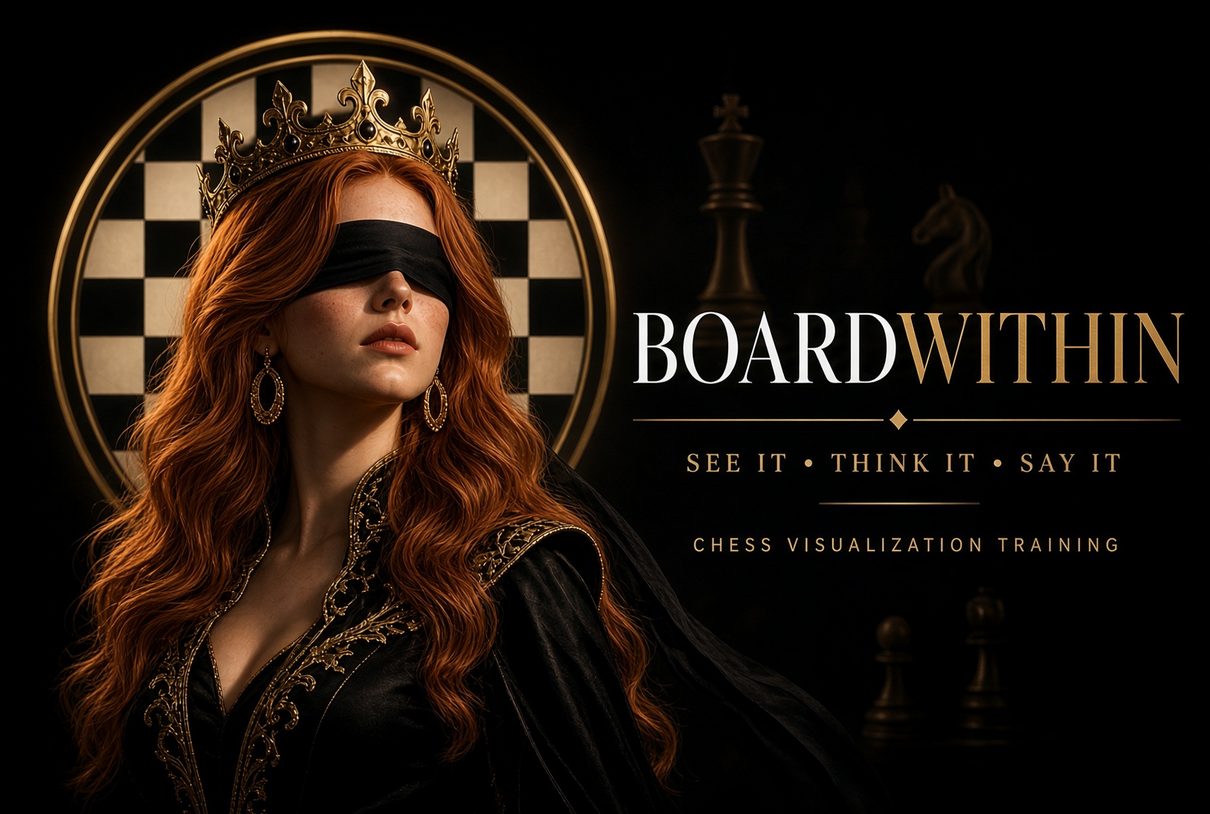 Emily wearing a crown and blindfold beside the BoardWithin wordmark, with the tagline See it. Think it. Say it. and Chess Visualization Training.