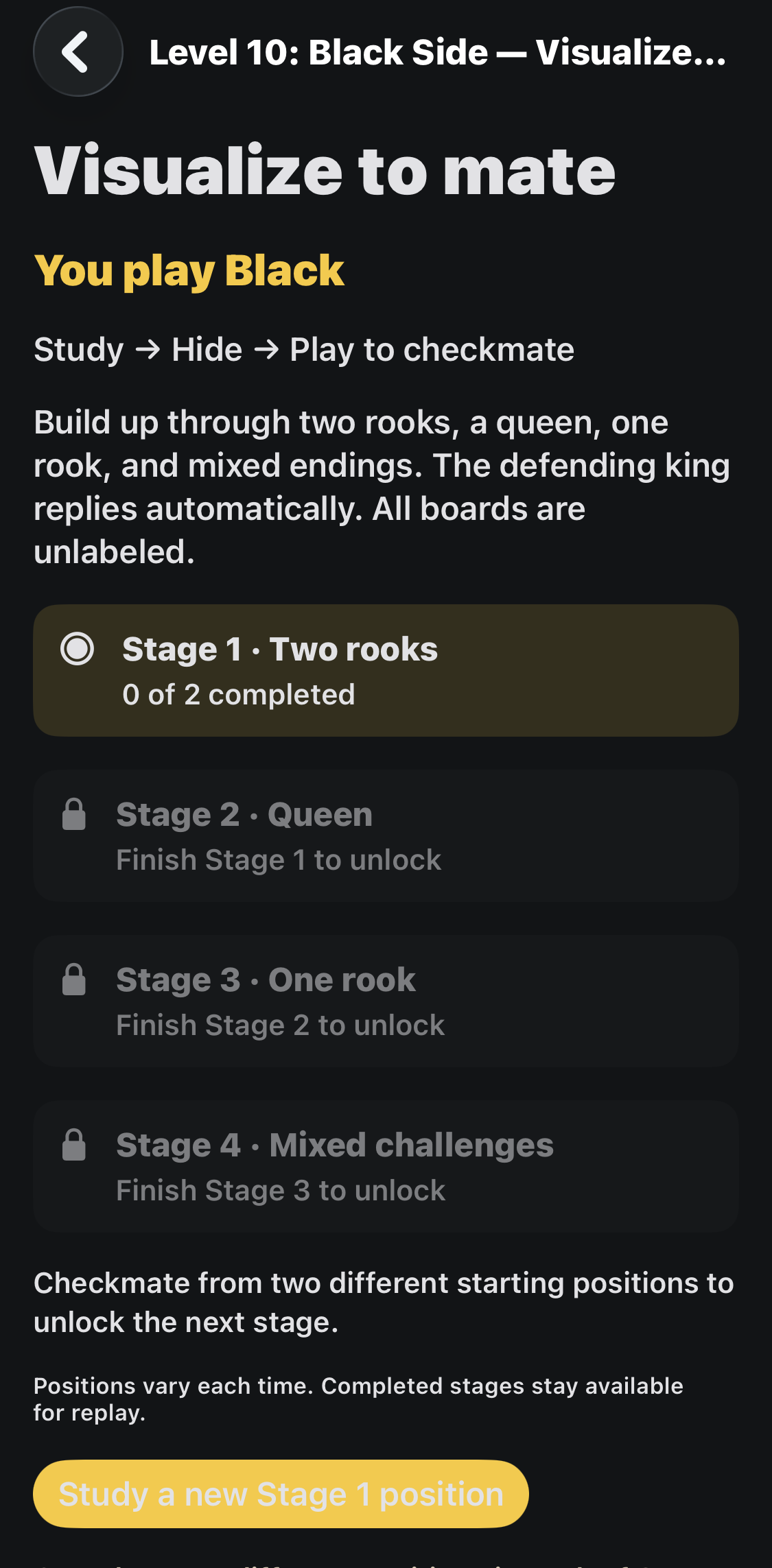 Black’s four-stage progression starts with two rooks; later stages unlock after the preceding goals.