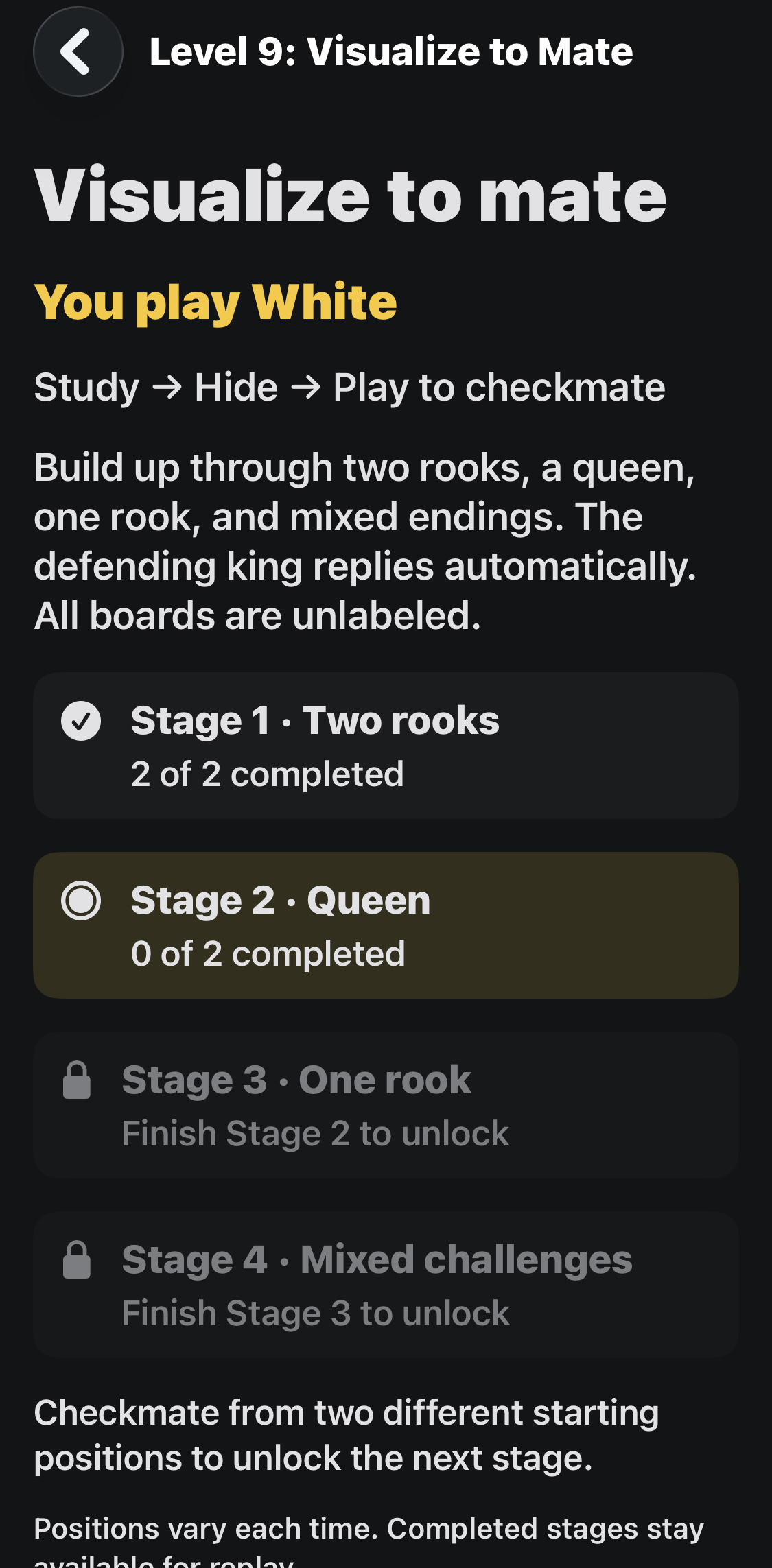 White’s four-stage progression: two rooks completed, queen selected, then one rook and mixed challenges.