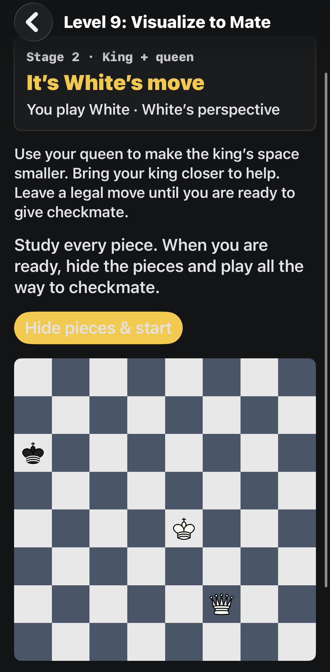 Study the White king-and-queen ending on an unlabeled board before hiding the pieces.