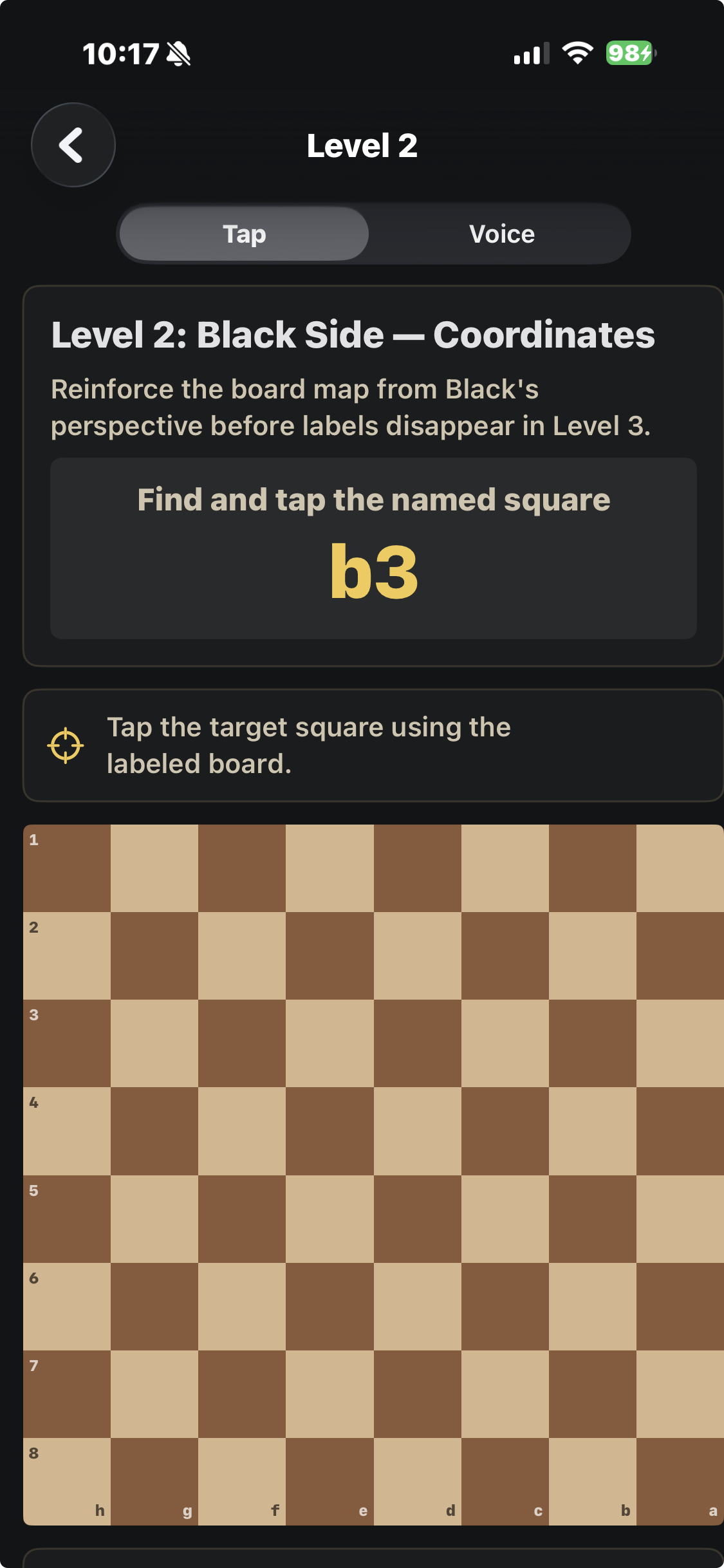 Find and tap b3 on the labeled board from Black’s perspective.
