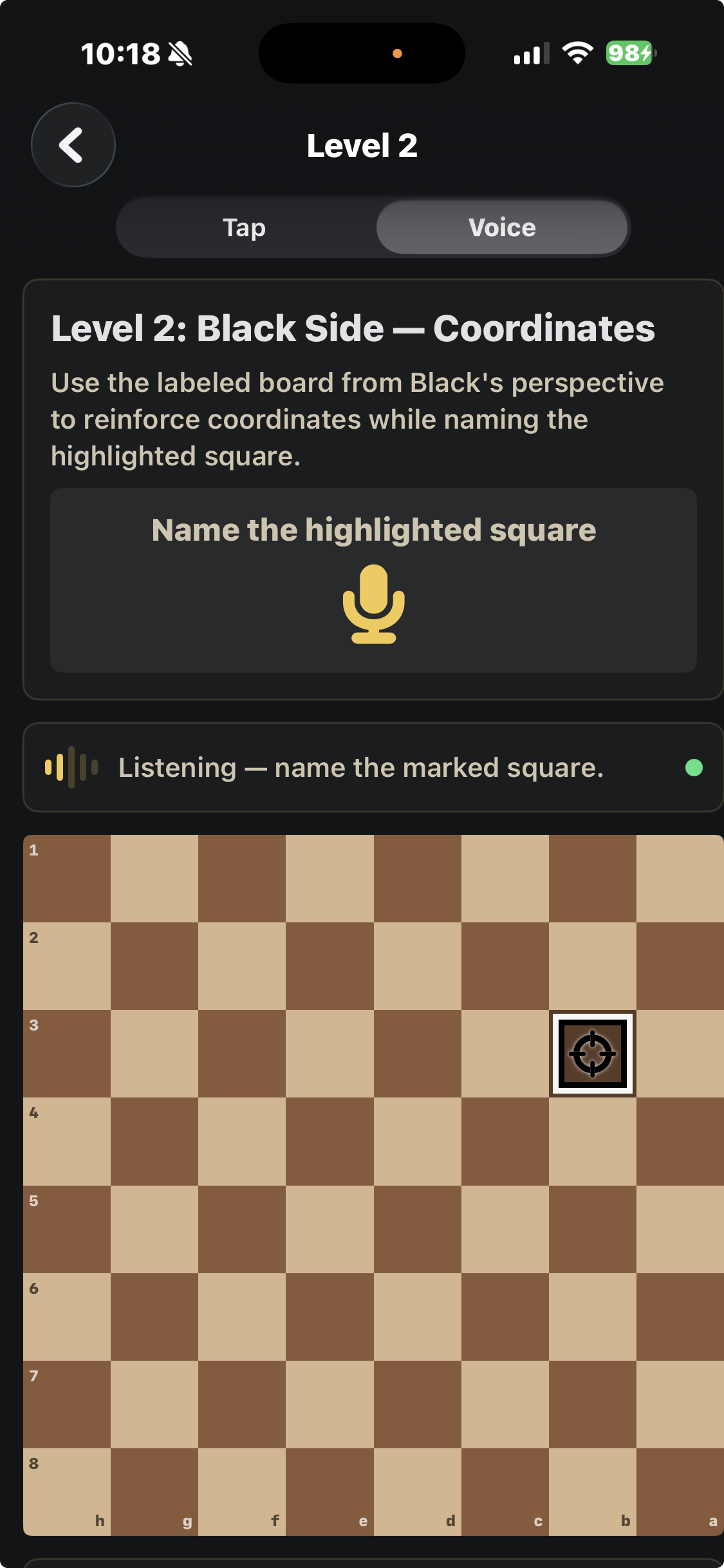 Name the highlighted square, b3, from Black’s perspective with coordinate labels visible.