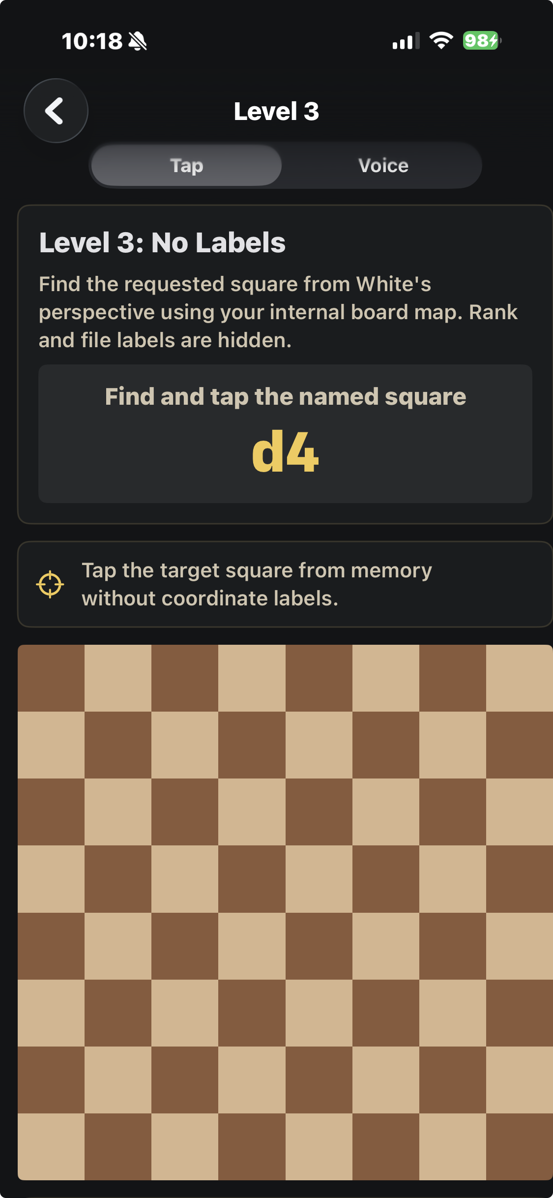 Find and tap d4 from White’s perspective without coordinate labels.