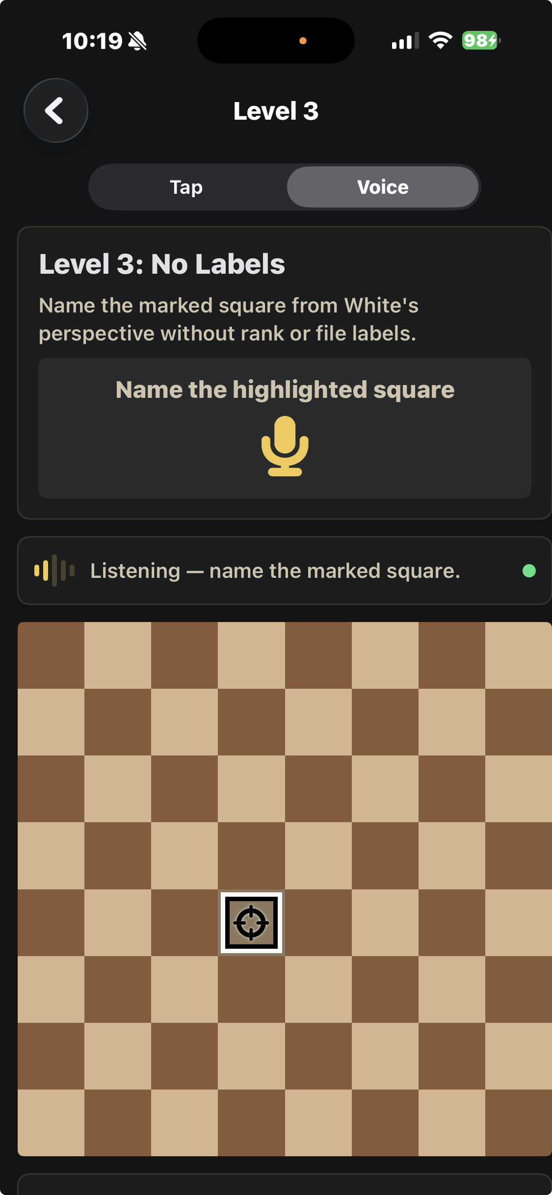 Name the highlighted square, d4, from White’s perspective without coordinate labels.