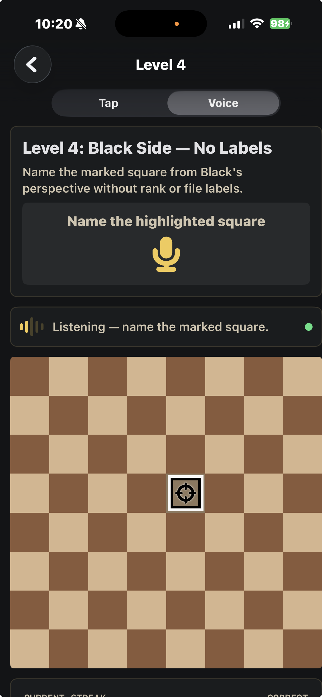 Name the highlighted square, d4, from Black’s perspective without coordinate labels.