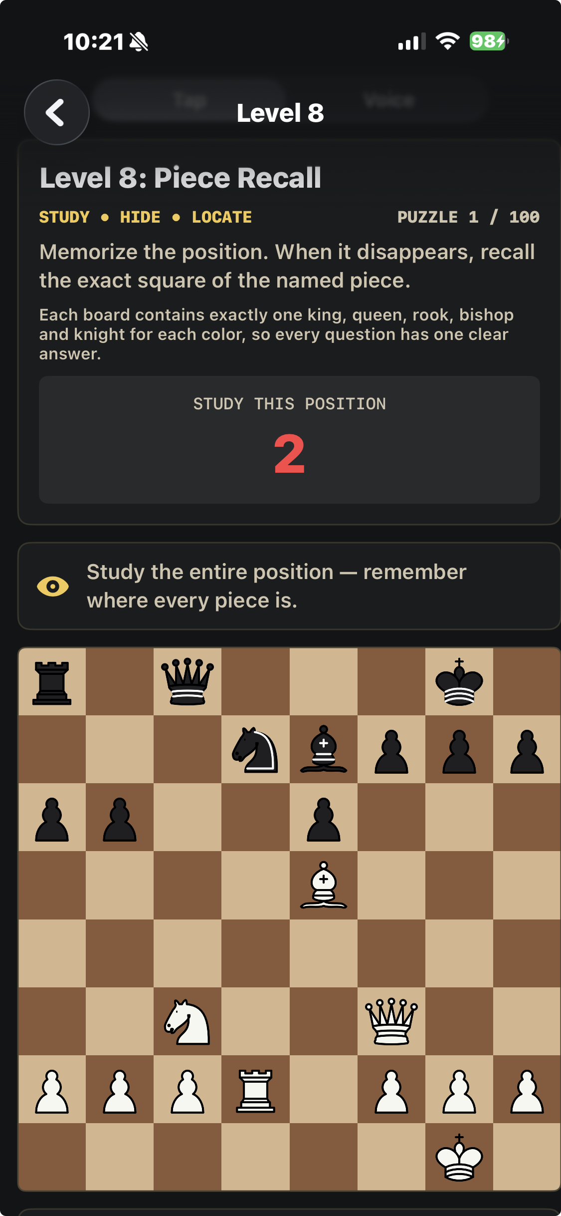 Study the full position before the pieces hide in Level 8 Piece Recall.