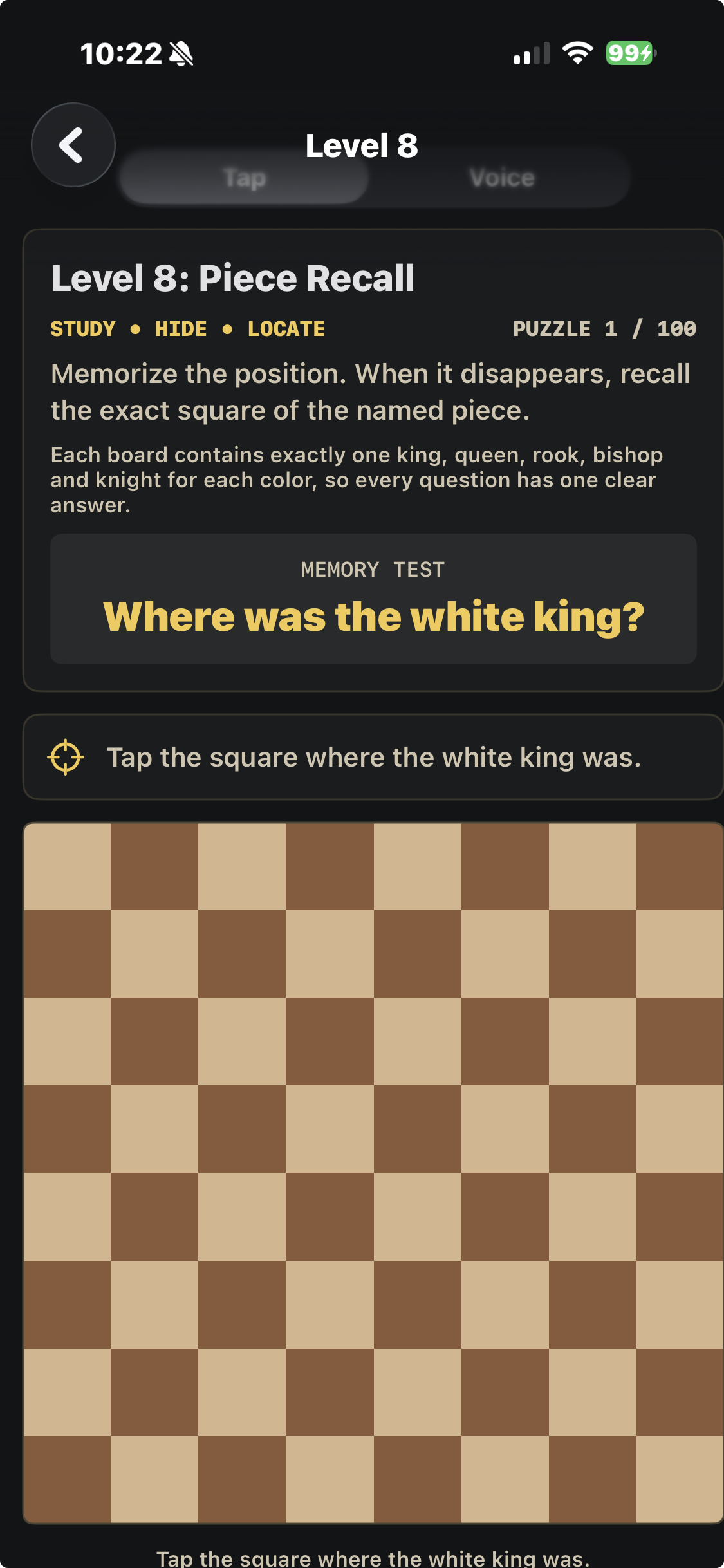With the pieces hidden, tap the square where the white king was.