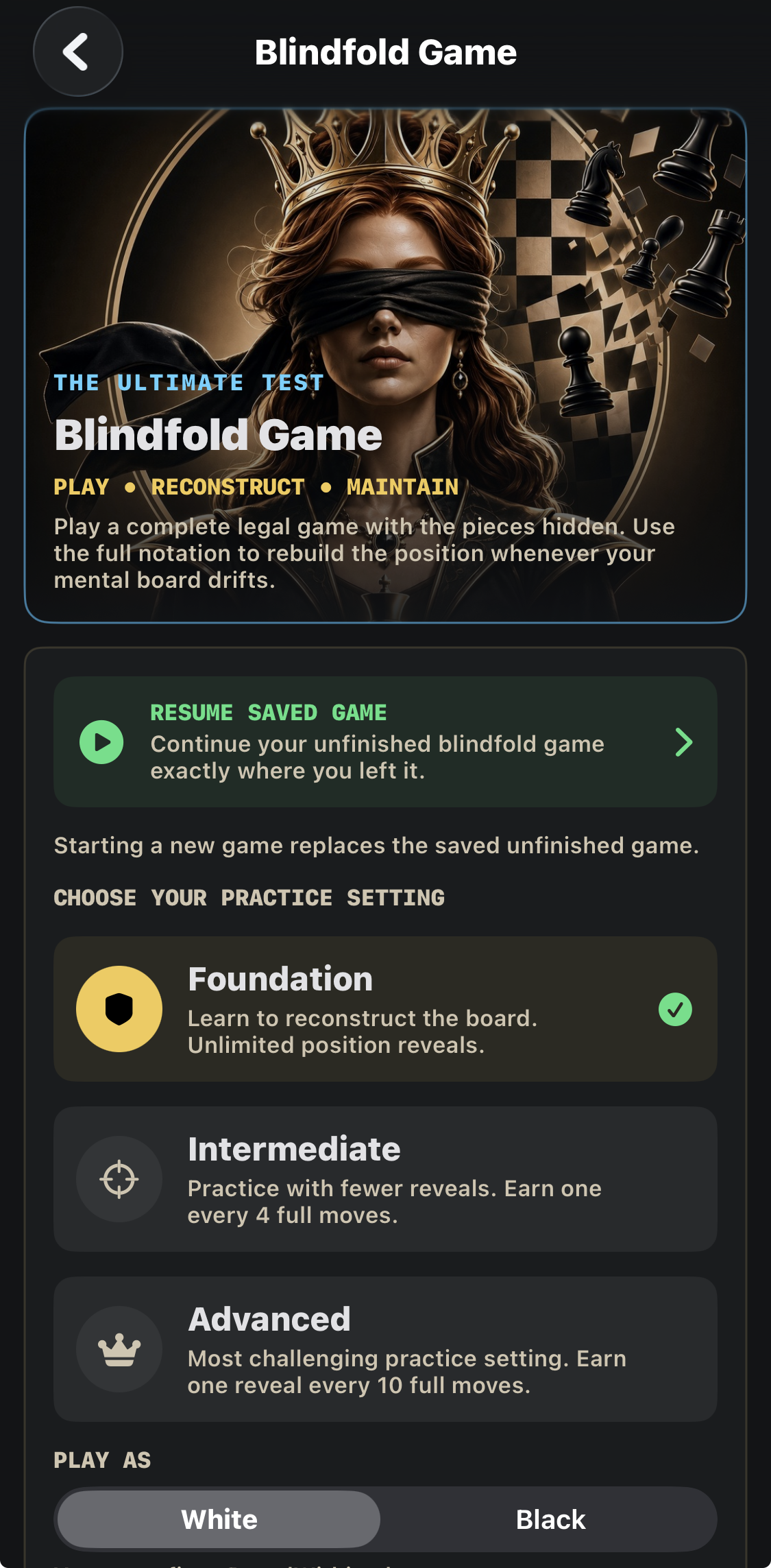 Blindfold Game offers saved-game resume and three practice settings.