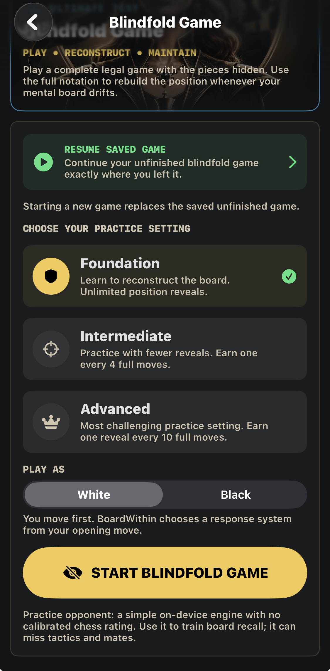 Choose White or Black and a reveal setting. The practice opponent is explicitly unrated.