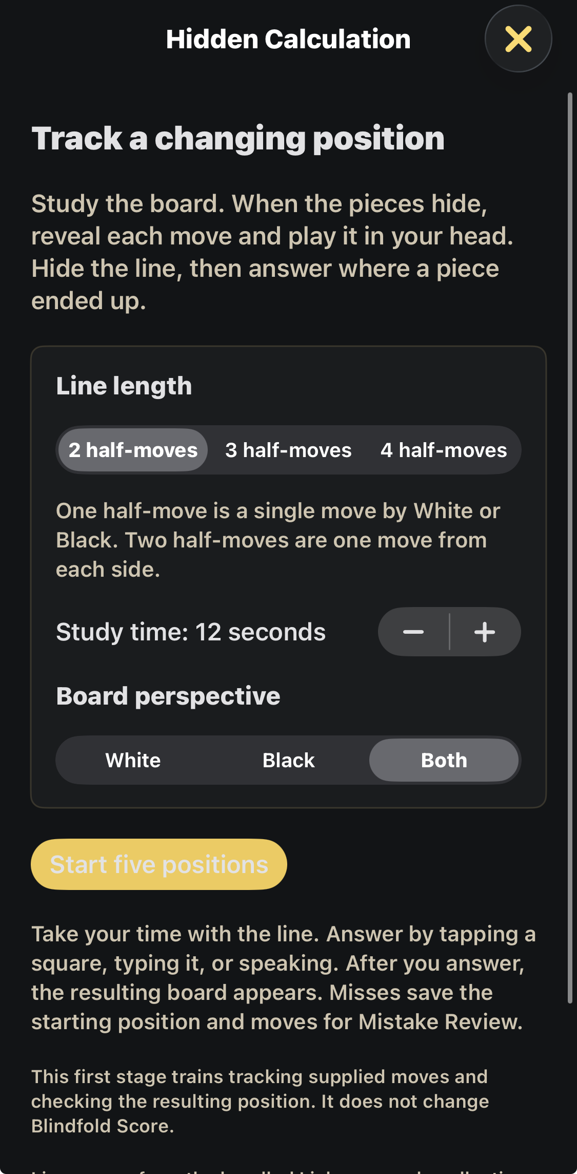Choose a line length, study time, and board perspective for five positions.