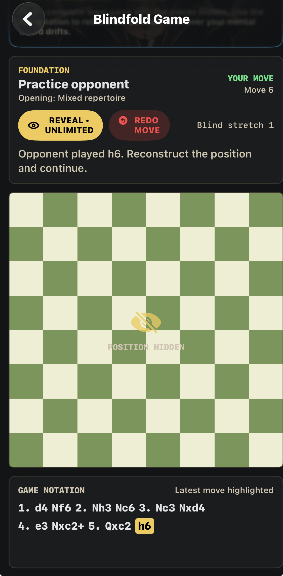A Blindfold Game with hidden pieces and visible move history. The practice opponent is unrated.