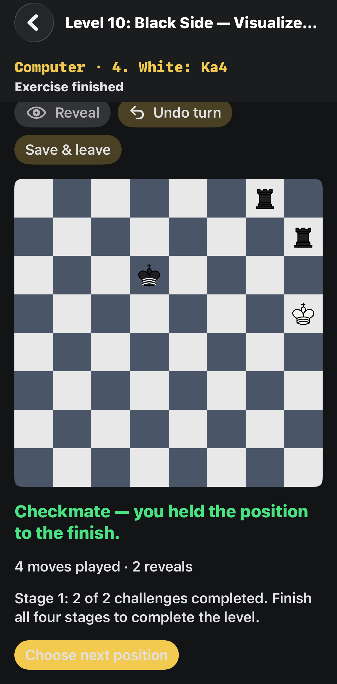 A completed two-rook exercise, with 2 reveals used. Stage 1 shows 2 of 2 challenges; all four stages are needed to complete Level 10.