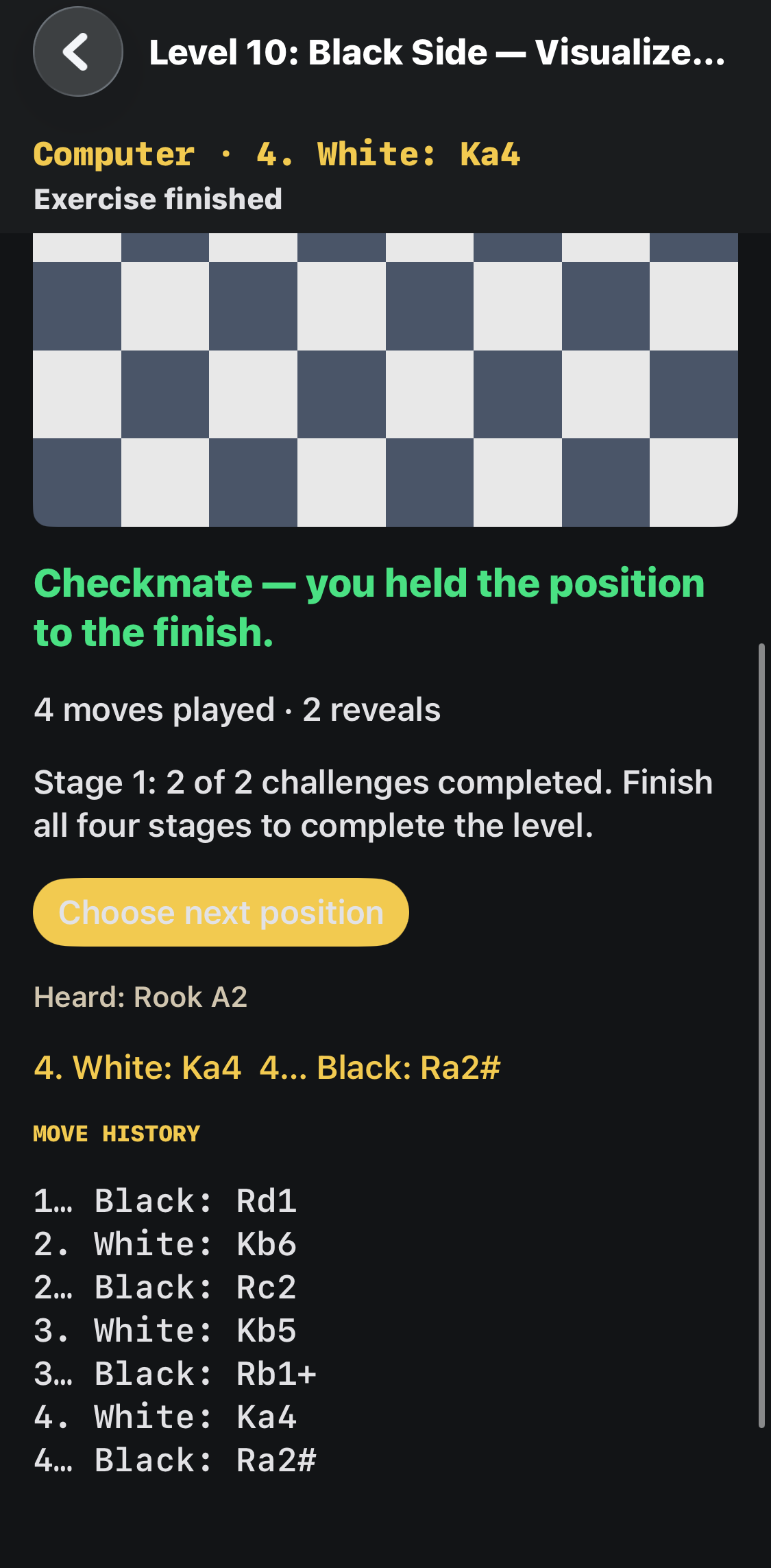 The same finish: Voice heard “Rook A2” and the history ends with Ra2#. The result records 2 reveals.