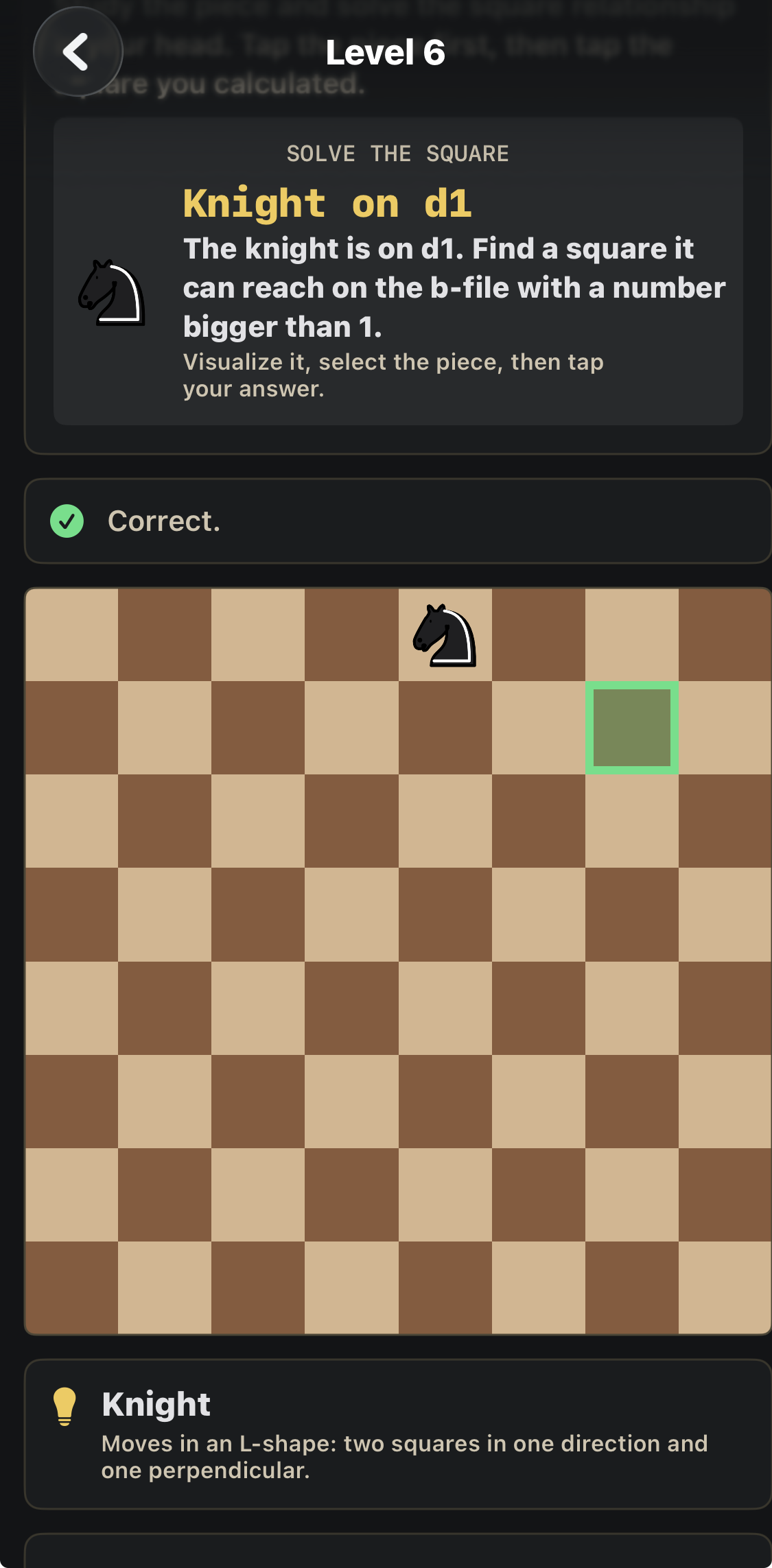 The knight on d1 reaches b2. The square’s number is bigger than 1, regardless of screen direction.