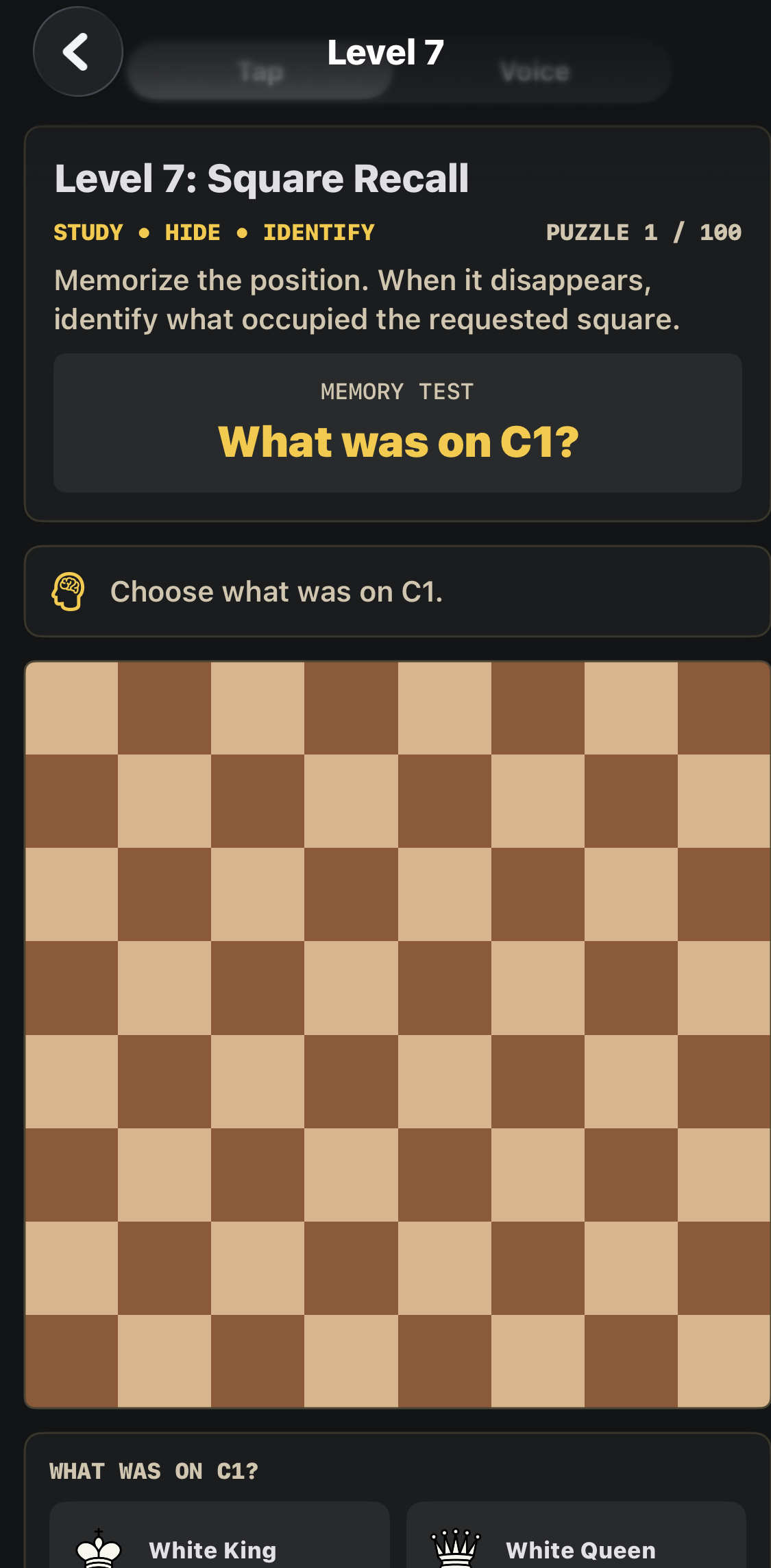 Square Recall asks what occupied c1. Answer with the color and piece.