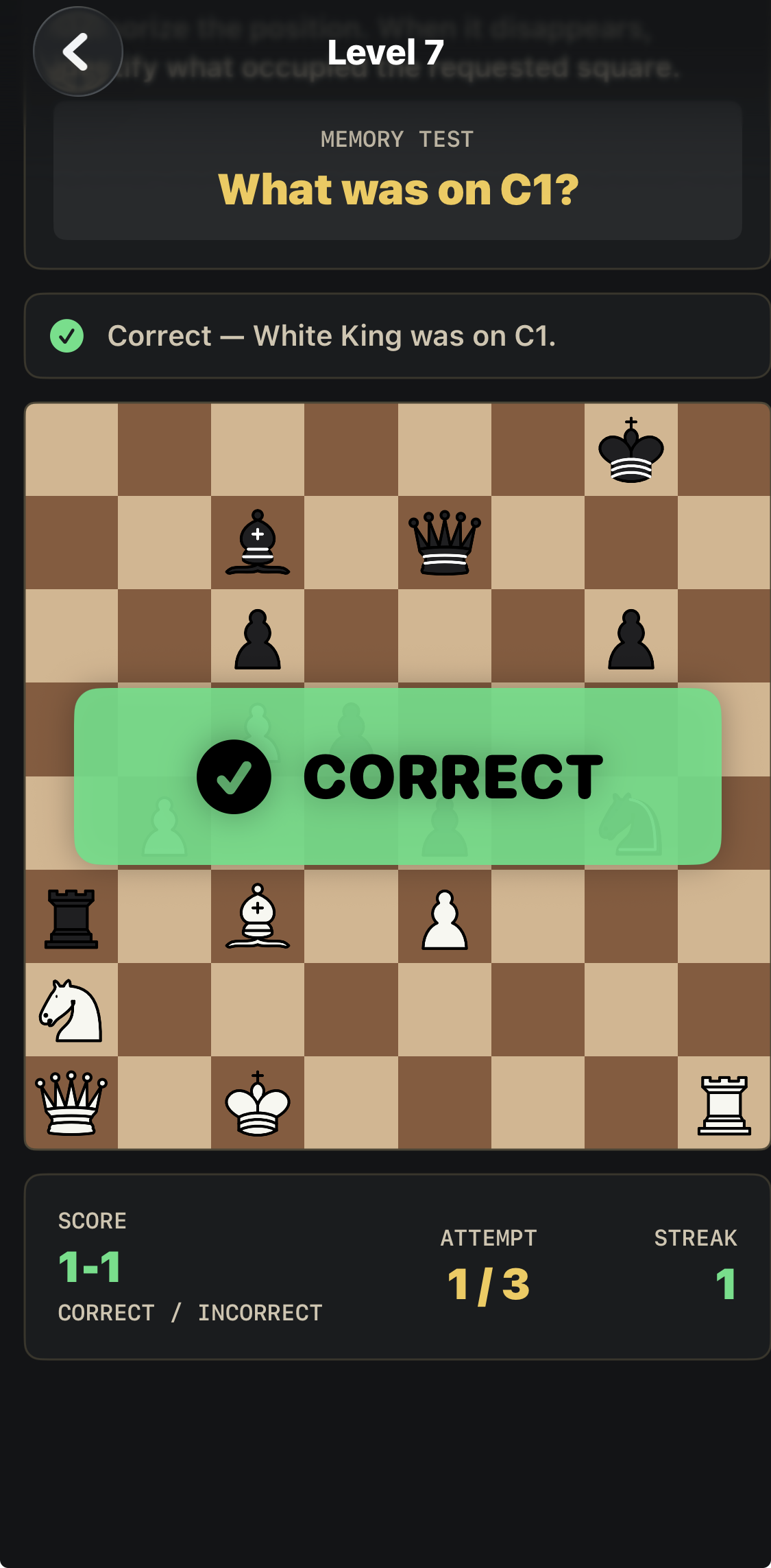 A separate Level 7 attempt correctly identifies the white king on c1.