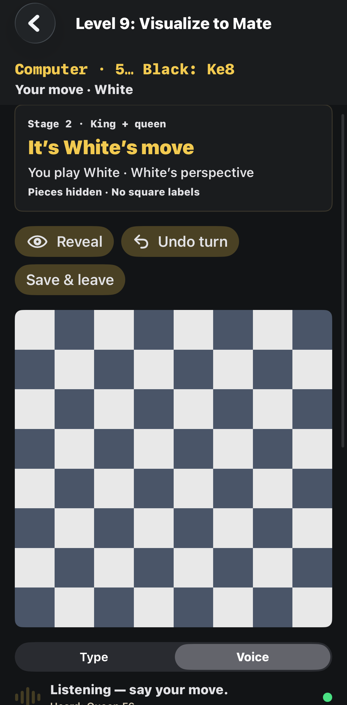 Level 9, Stage 2: play White with the pieces hidden; the turn banner follows Black’s Ke8 reply.