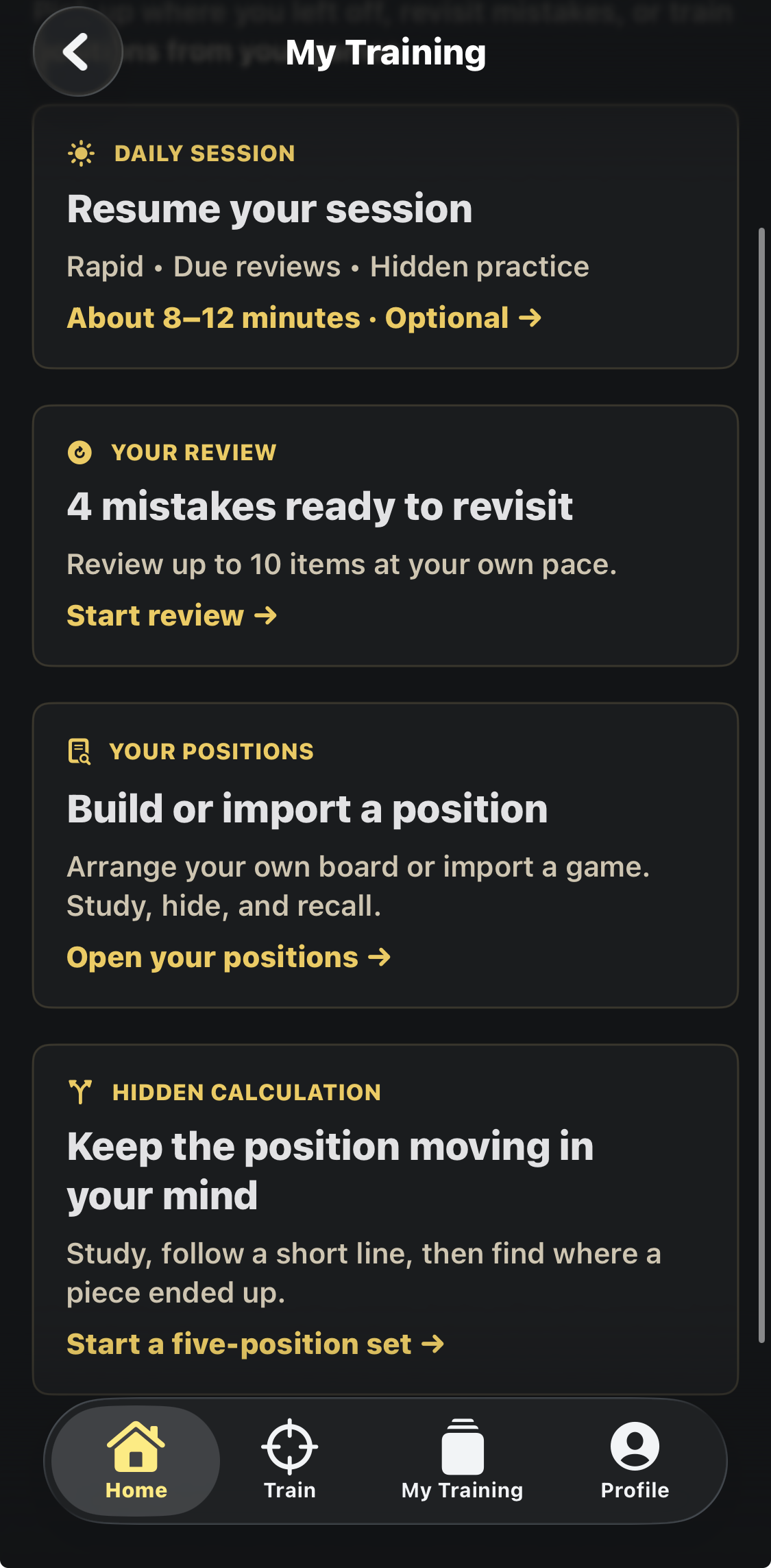 My Training groups daily sessions, Mistake Review, Your Positions, and Hidden Calculation.