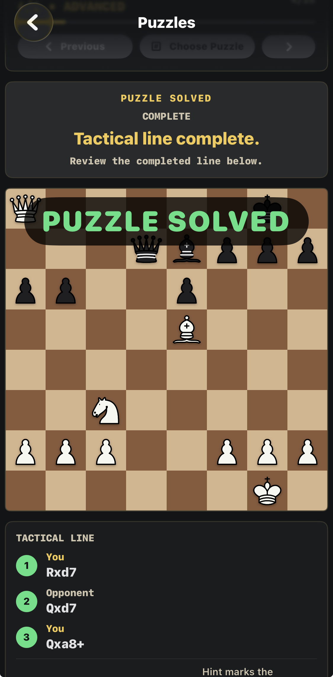 A different puzzle completed: Rxd7 Qxd7 Qxa8+. The final board and all three moves are revealed.