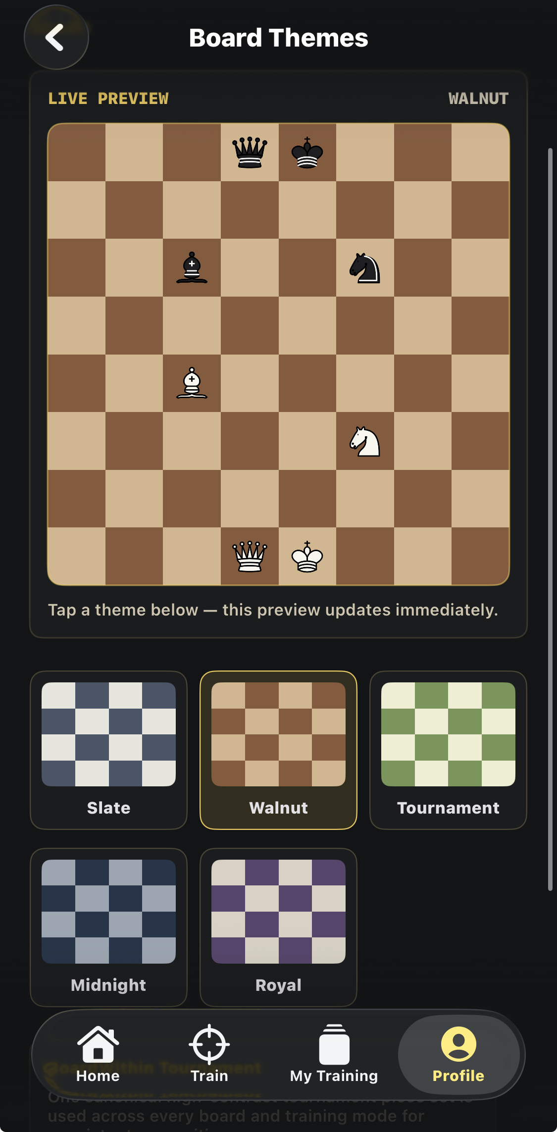 Walnut selected in Board Themes, alongside Slate, Tournament, Midnight, and Royal.