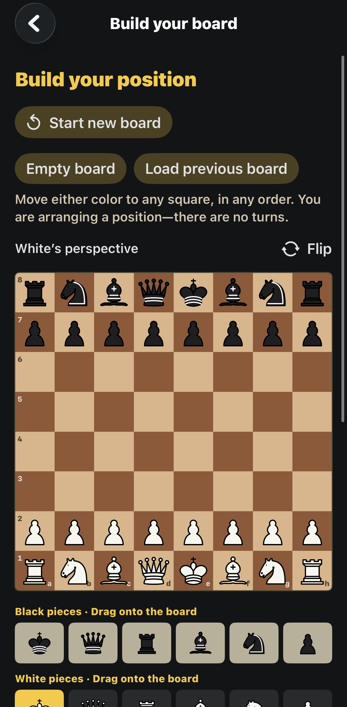 The builder starts with all 32 pieces and White at the bottom. Move either color freely before training.