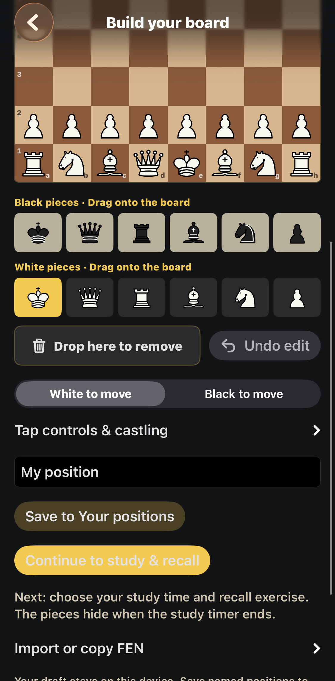 Separate black and white piece trays, removal area, Undo edit, and Continue to study & recall.