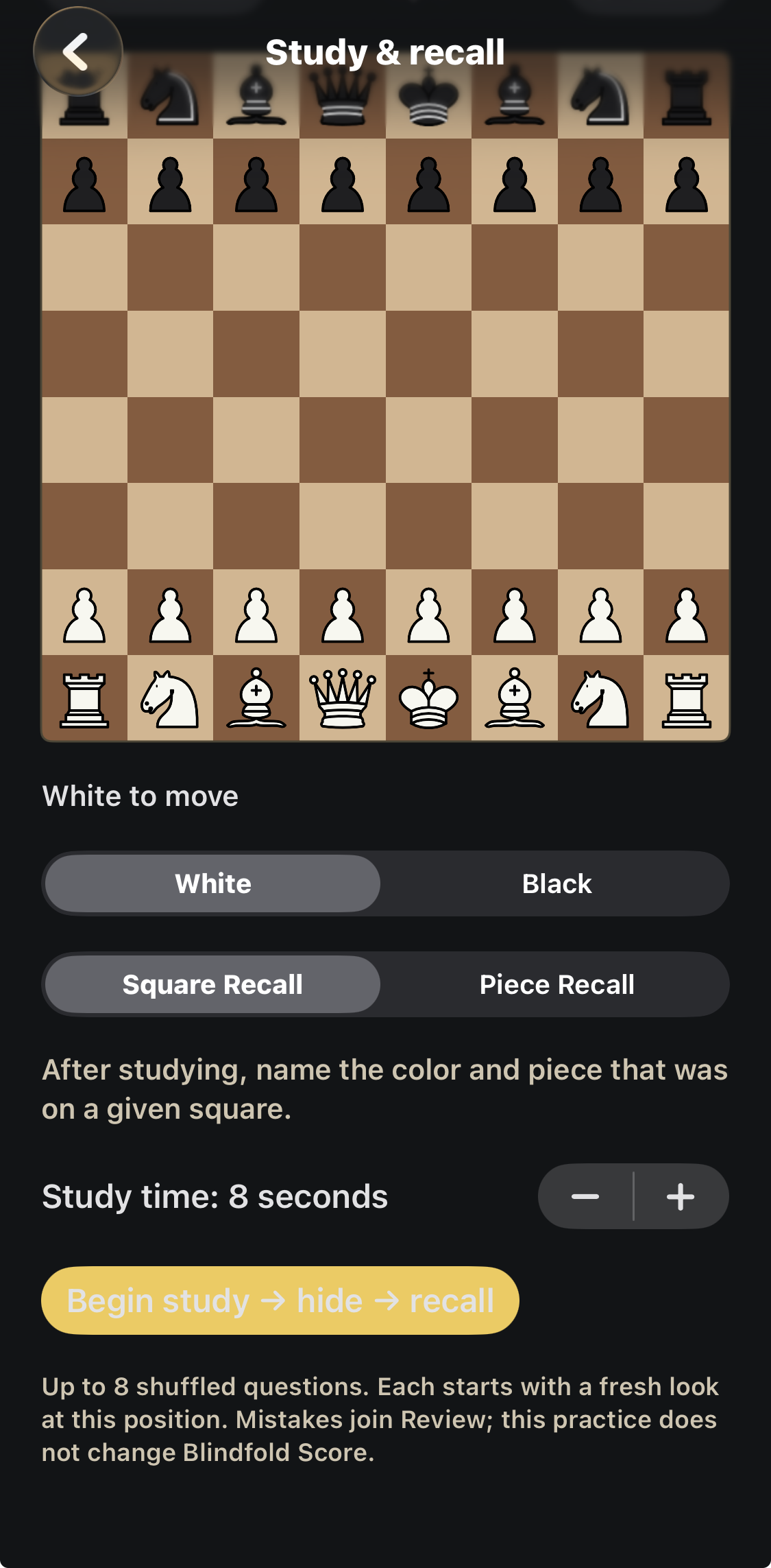 Choose perspective, Square Recall or Piece Recall, and study time before starting.